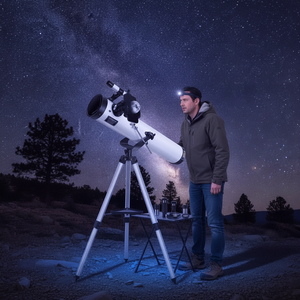 Astrónomo usando telescopio reflector blanco de noche paisaje andino chileno cielo estrellado