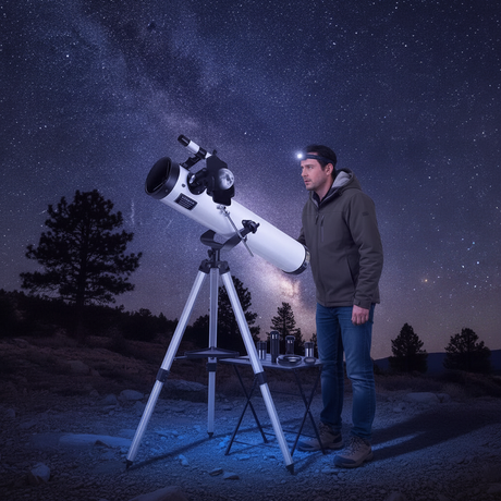 Astrónomo usando telescopio reflector blanco de noche paisaje andino chileno cielo estrellado