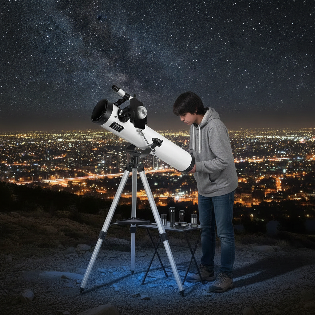 Familia chilena observando estrellas con telescopio reflector 76mm en patio trasero nocturno