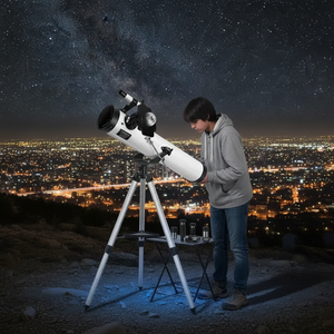 Familia chilena observando estrellas con telescopio reflector 76mm en patio trasero nocturno
