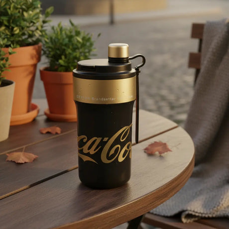 Termo Coca-Cola Germ negro dorado en asado quincho chileno mesa madera exterior