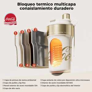 Mujer sosteniendo termo Coca-Cola Germ Paipai rosado en parque urbano Santiago Chile