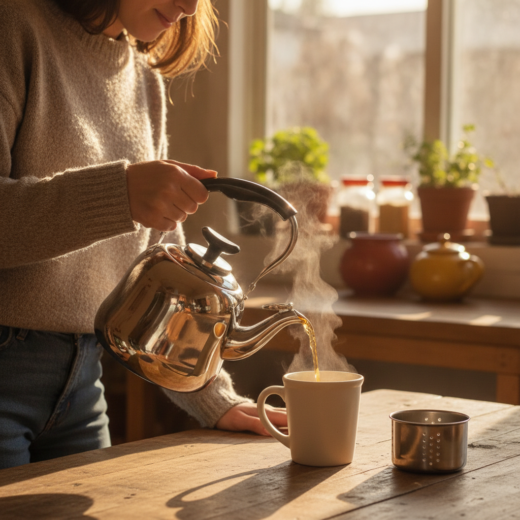 Tetera acero inoxidable vertiendo té en cocina chilena hogar mujer