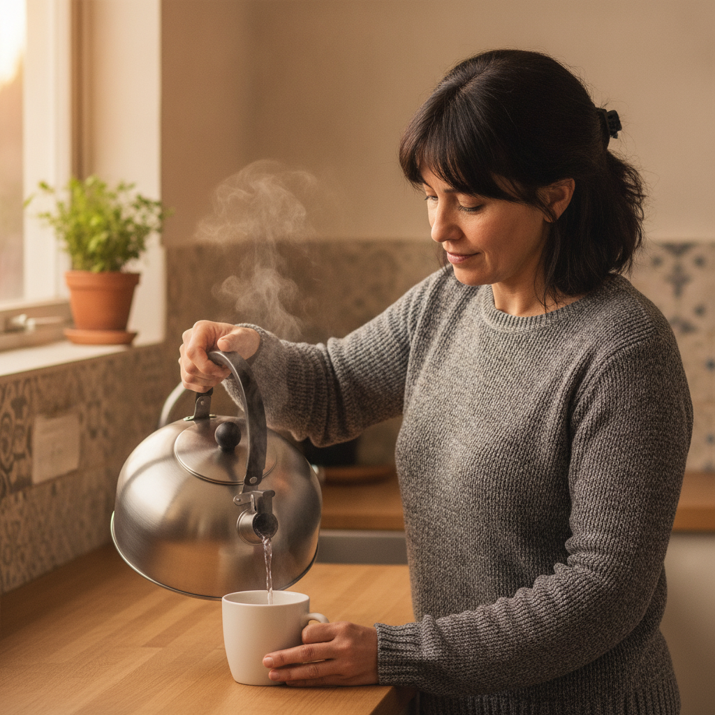 Mujer sirviendo agua caliente tetera inoxidable cocina chilena uso diario