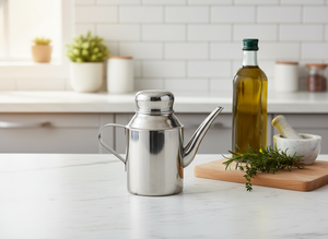 Mujer chilena usando jarra acero inoxidable verter aceite oliva ensalada cocina