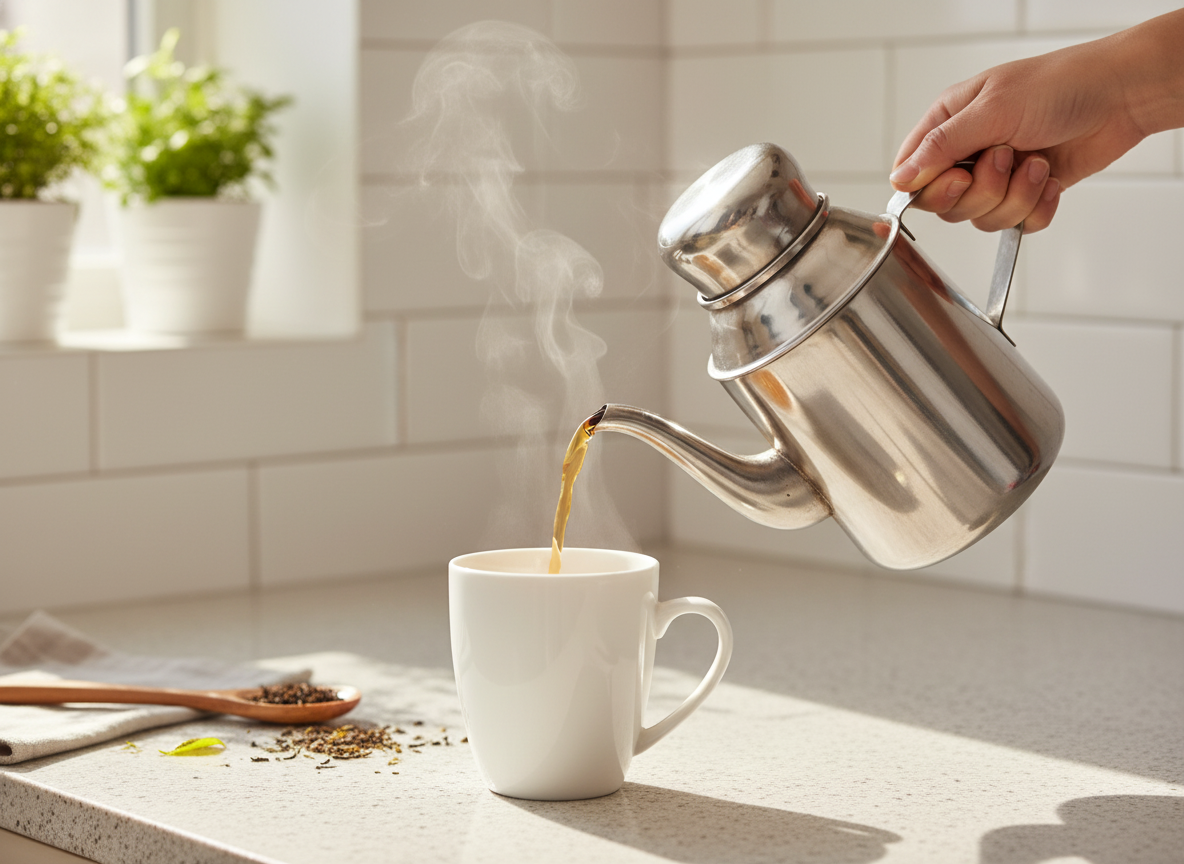 Tetera cuello cisne mano vertiendo infusión desayuno familiar chileno