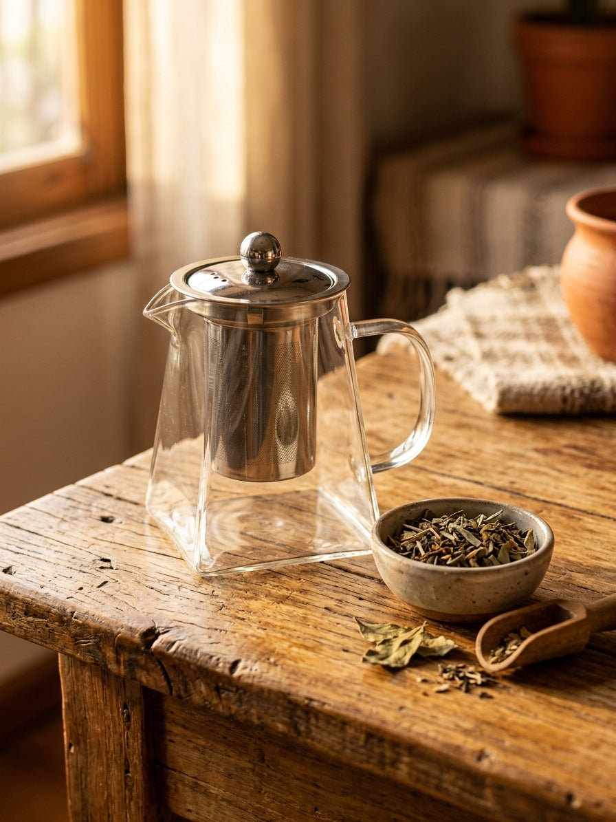 Tetera infusiones vidrio transparente sobre mesón mármol con hojas té sueltas