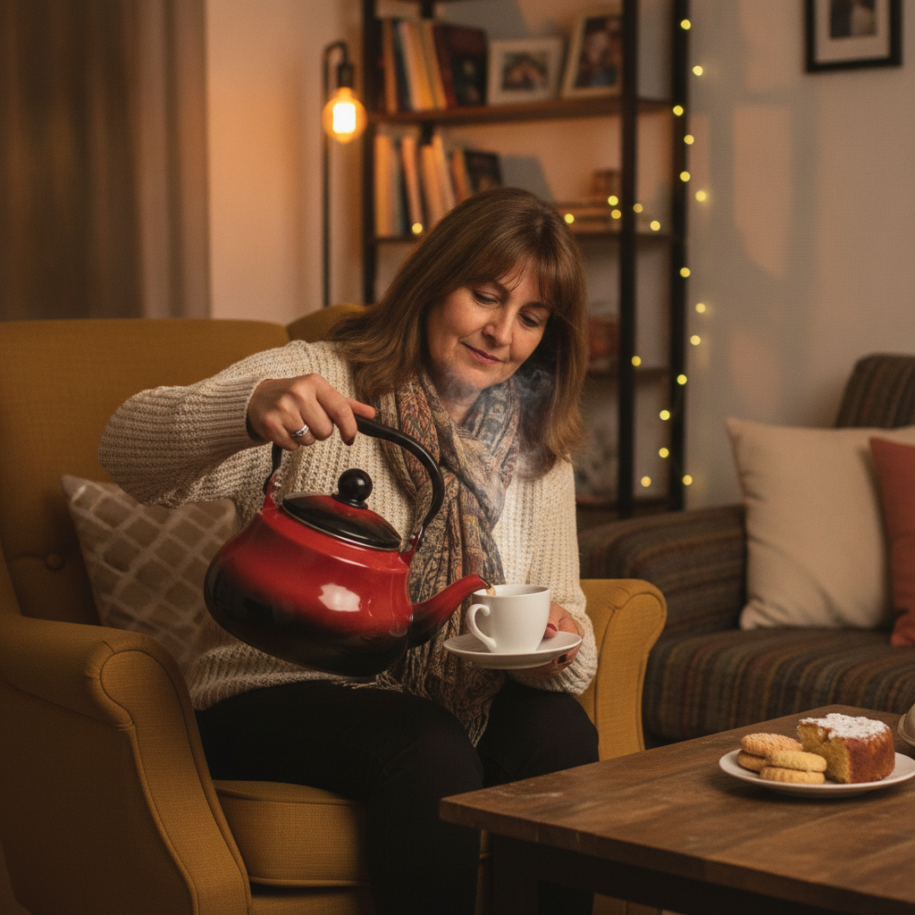Mujer sirviendo te con tetera esmaltada roja living hogar
