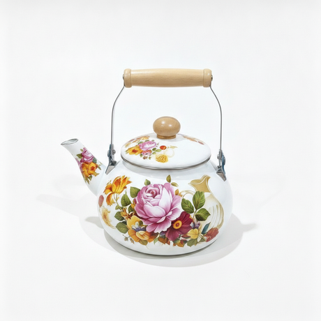 Tetera esmaltada floral 2.5 litros mango madera vista frontal fondo blanco