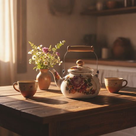Tetera esmaltada floral sobre mesa de cocina chilena con tazas de té
