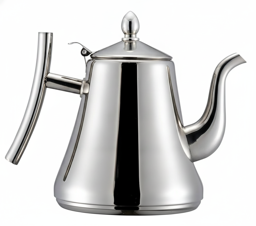Tetera acero inoxidable infusor cuello cisne 1.5 litros vista frontal fondo blanco