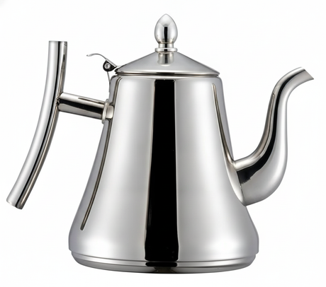 Tetera acero inoxidable infusor cuello cisne 1.5 litros vista frontal fondo blanco