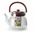 Tetera infusor vidrio borosilicato 1100mL asa roja diseño floral vista frontal