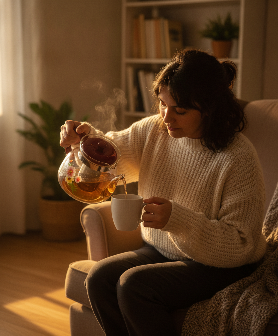 Mujer sirviendo te desde tetera vidrio roja taza ceramica living chileno