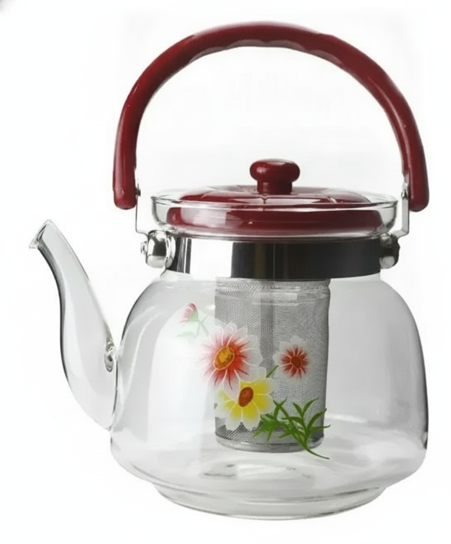 Tetera infusor vidrio borosilicato 850ml con asa roja diseño floral vista frontal