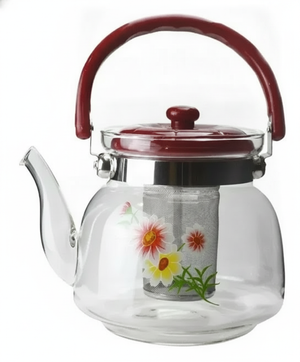 Tetera infusor vidrio borosilicato 850ml con asa roja diseño floral vista frontal