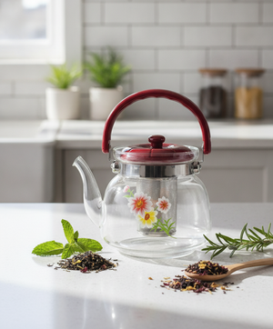Tetera vidrio con infusor sobre mesa madera chilena con taza de te caliente