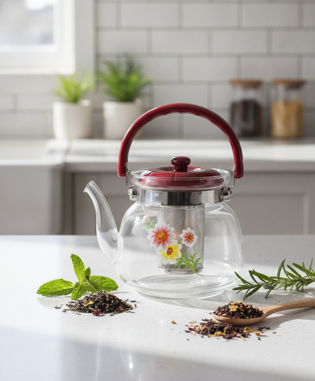 Tetera vidrio con infusor sobre mesa madera chilena con taza de te caliente