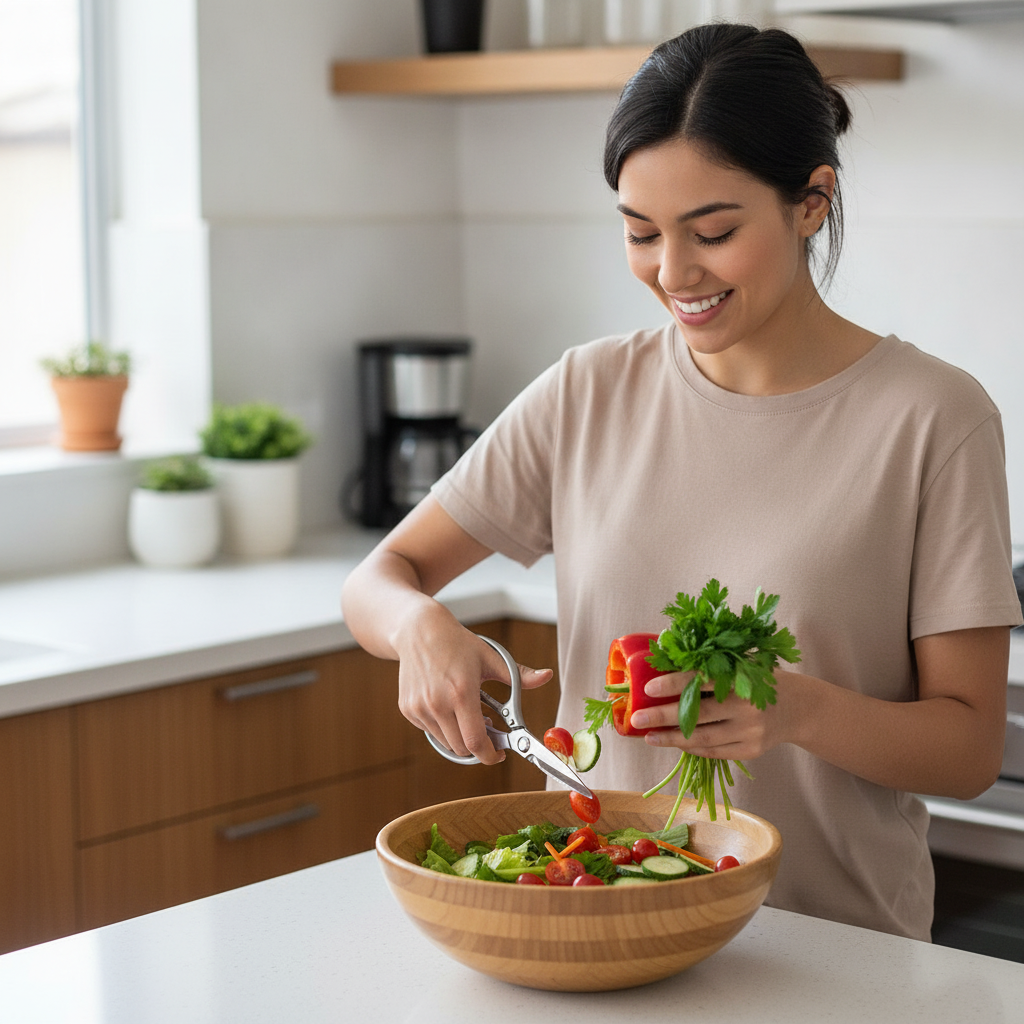 Mujer usando tijera cocina plateada cortando verduras cocina moderna hogar