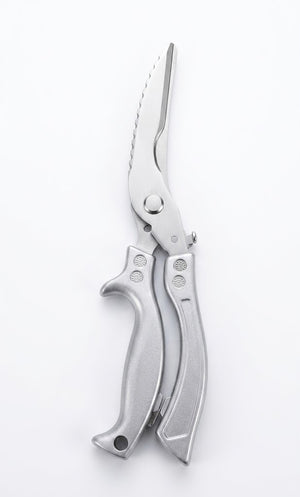 Tijeras cocina acero inoxidable fondo blanco vista frontal profesional