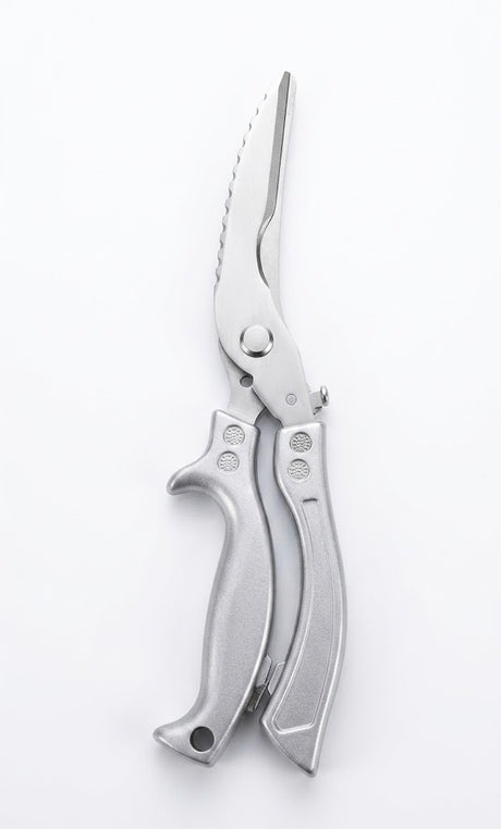 Tijeras cocina acero inoxidable fondo blanco vista frontal profesional