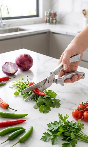 Tijeras multiuso cocina cortando verduras frescas mesón mármol