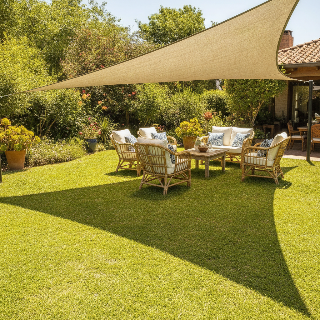 Toldo vela beige 3.5m sombra jardín exterior sillas rattan verano