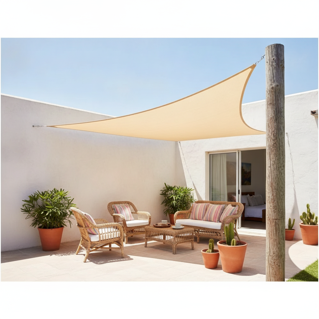 Vela sombra triangular beige instalada en terraza exterior con muebles de jardín