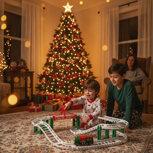 Tren navideño eléctrico corriendo bajo árbol de navidad living chileno