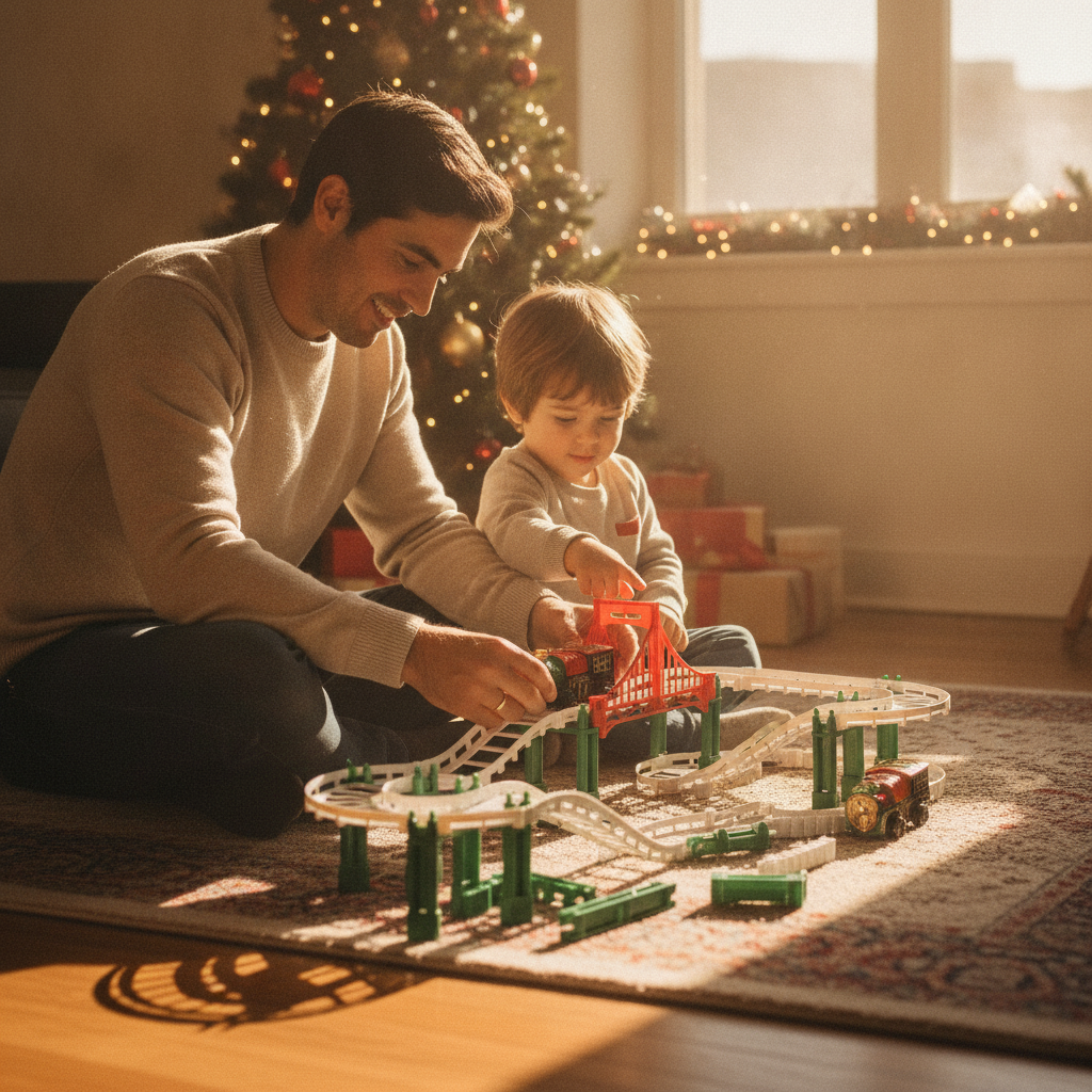 Padre e hijo armando tren eléctrico navideño pista espiral en familia