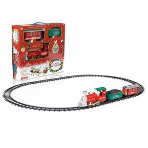 Tren navideño clásico con rieles set completo vista frontal fondo blanco