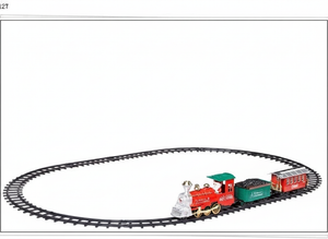 Tren navideño clásico con rieles set completo vista frontal fondo blanco