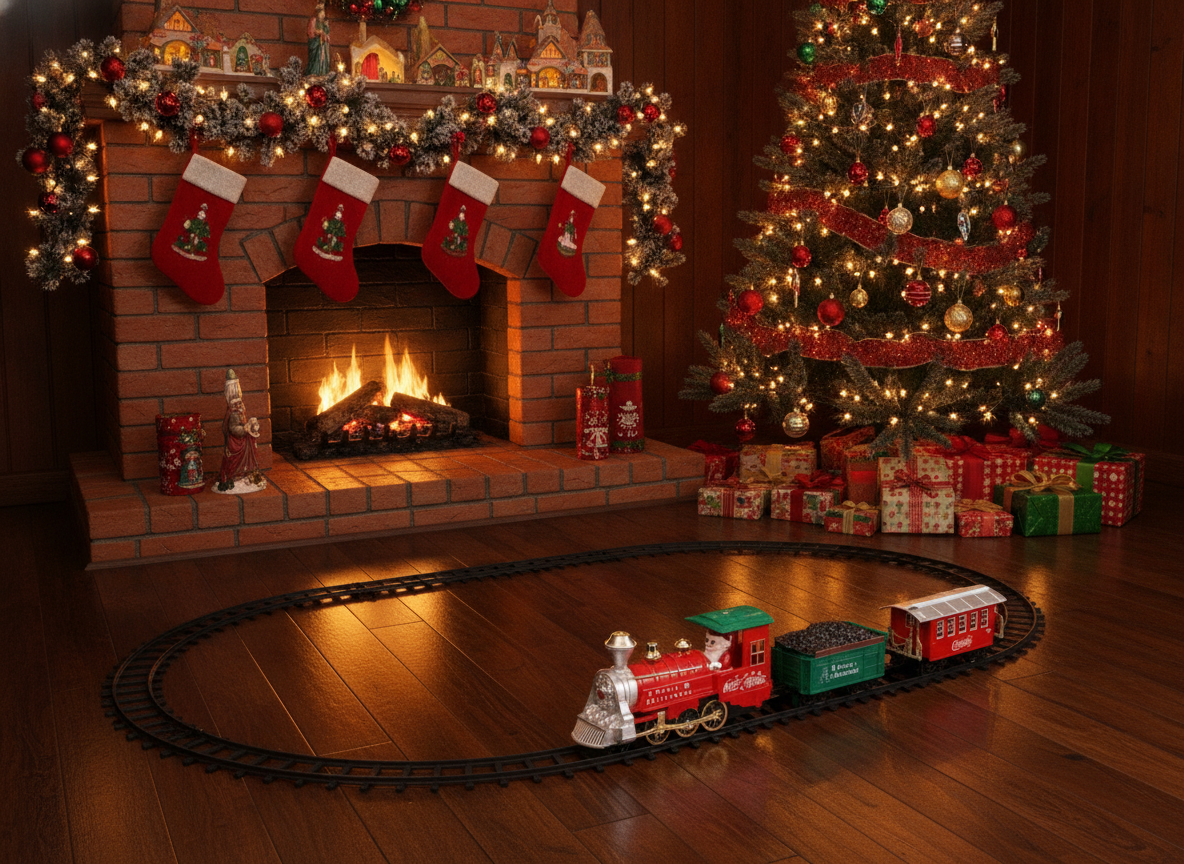 Set tren navideño locomotora roja junto a chimenea decorada navidad hogar