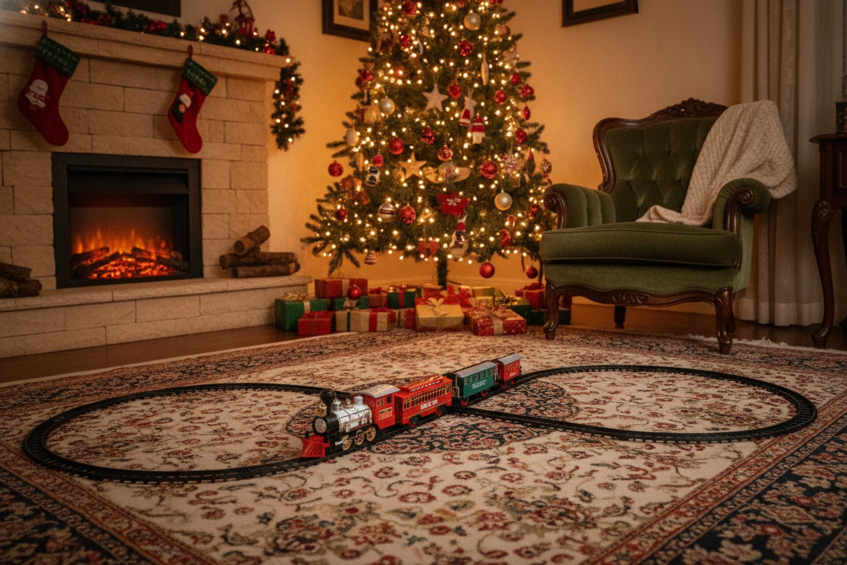 Pista tren navideño armada en living chileno decorado para Navidad