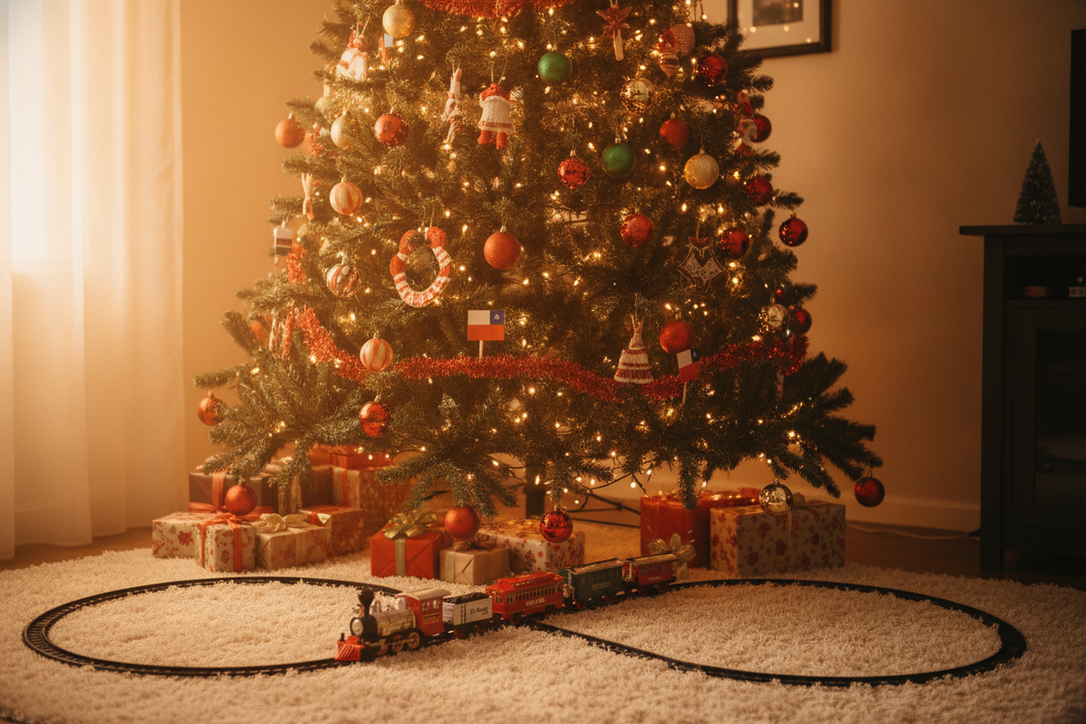 Tren clásico navideño bajo árbol de Navidad hogar chileno