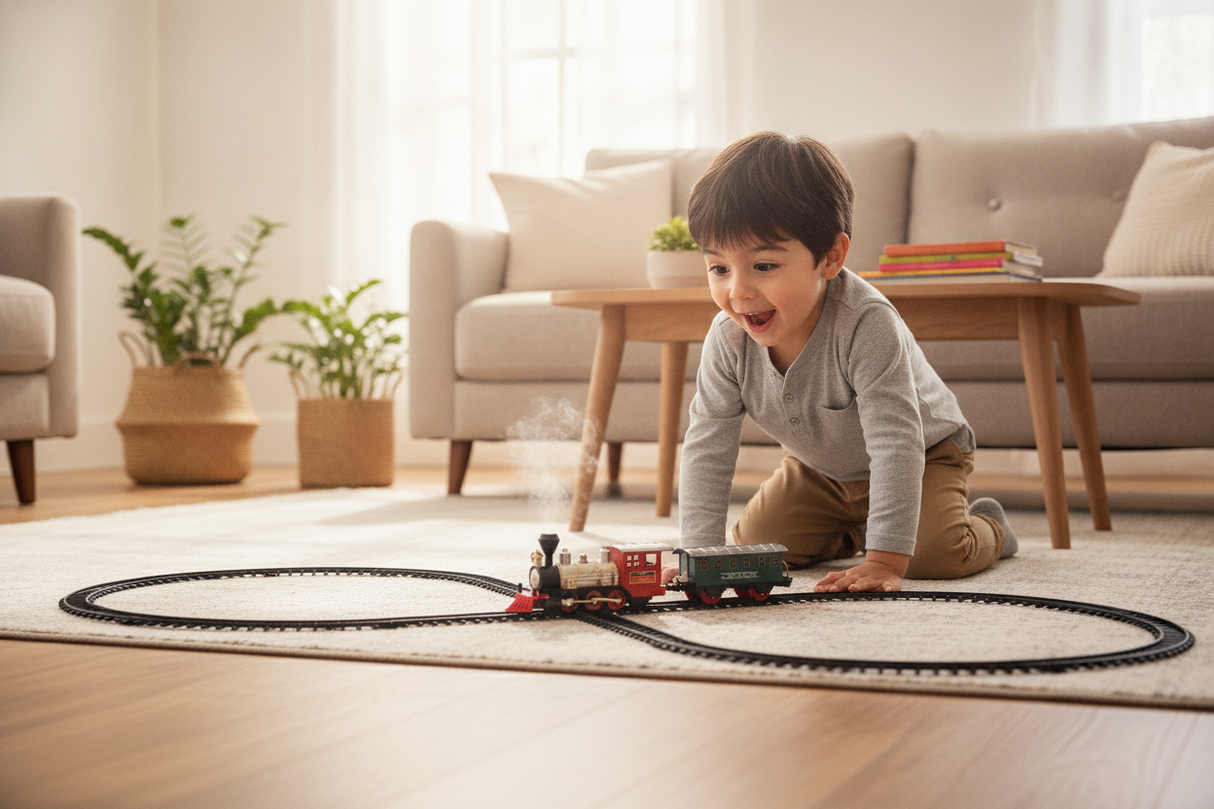 Niño chileno jugando con tren navideño a batería con humo