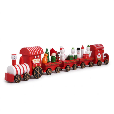 Tren navideño decorativo rojo blanco 40cm con Santa Claus y muñecos de nieve vista frontal