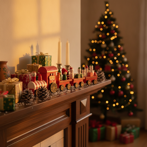 Adorno navideño tren rojo sobre repisa decorada con regalos y velas Navidad