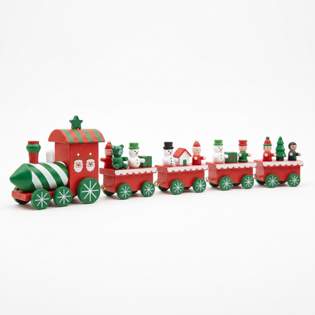 Tren navideño decorativo 32cm rojo verde figuras Santa muñeco nieve vista frontal
