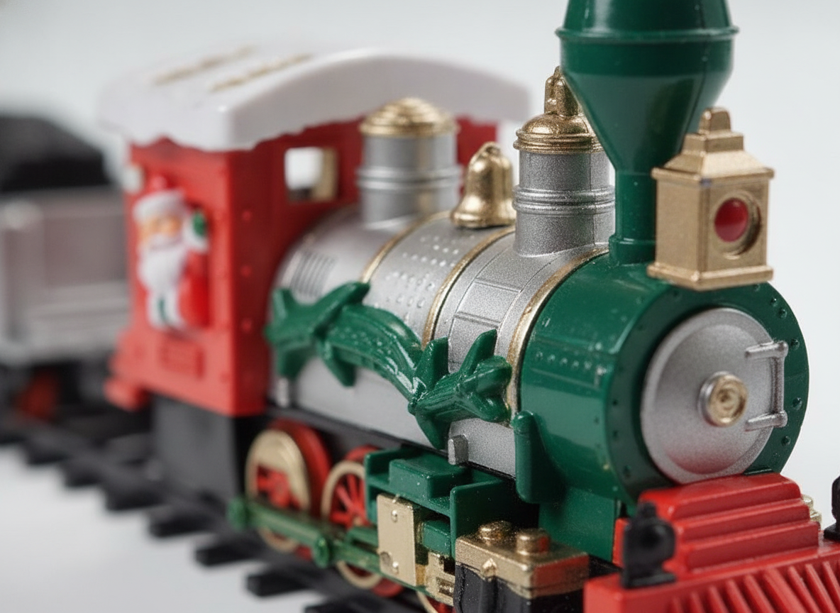 Tren navidad eléctrico funcionando bajo árbol decorado hogar chileno navidad