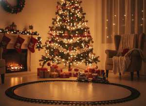 Niño chileno jugando tren eléctrico navideño regalos piso madera fiesta navidad