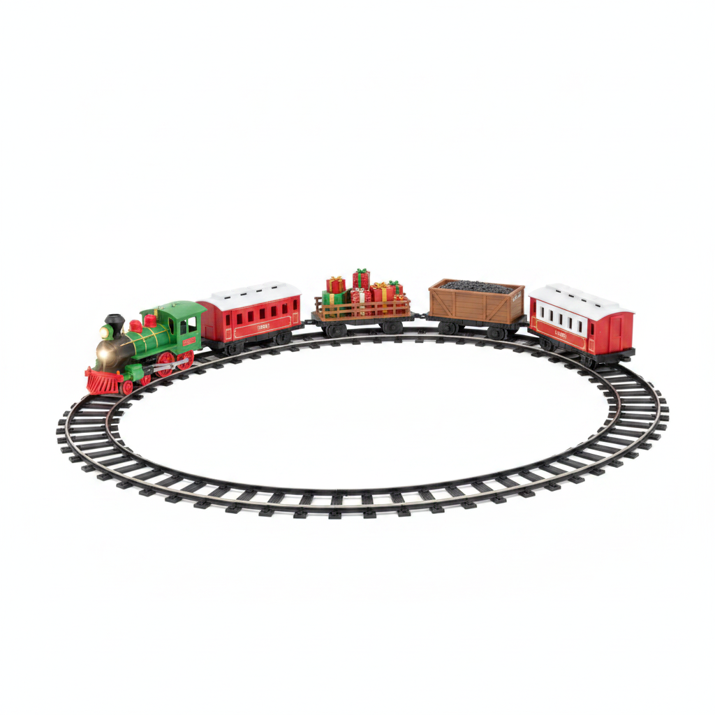 Tren navideño eléctrico 35 piezas locomotora vagones rieles vista frontal fondo blanco