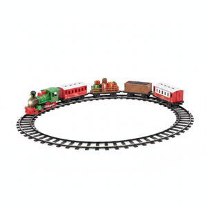 Tren navideño eléctrico 35 piezas locomotora vagones rieles vista frontal fondo blanco