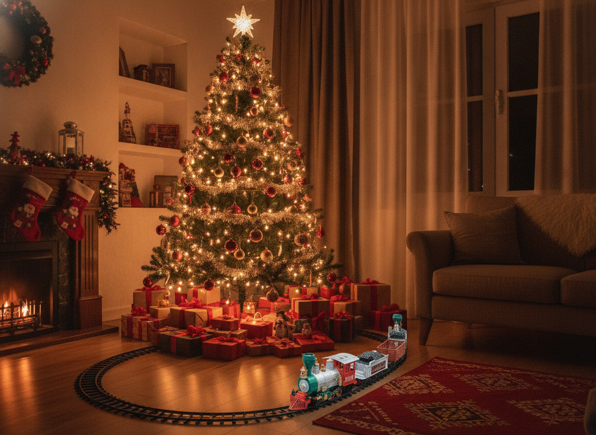 Tren navideño eléctrico corriendo bajo árbol de Navidad living chileno decorado