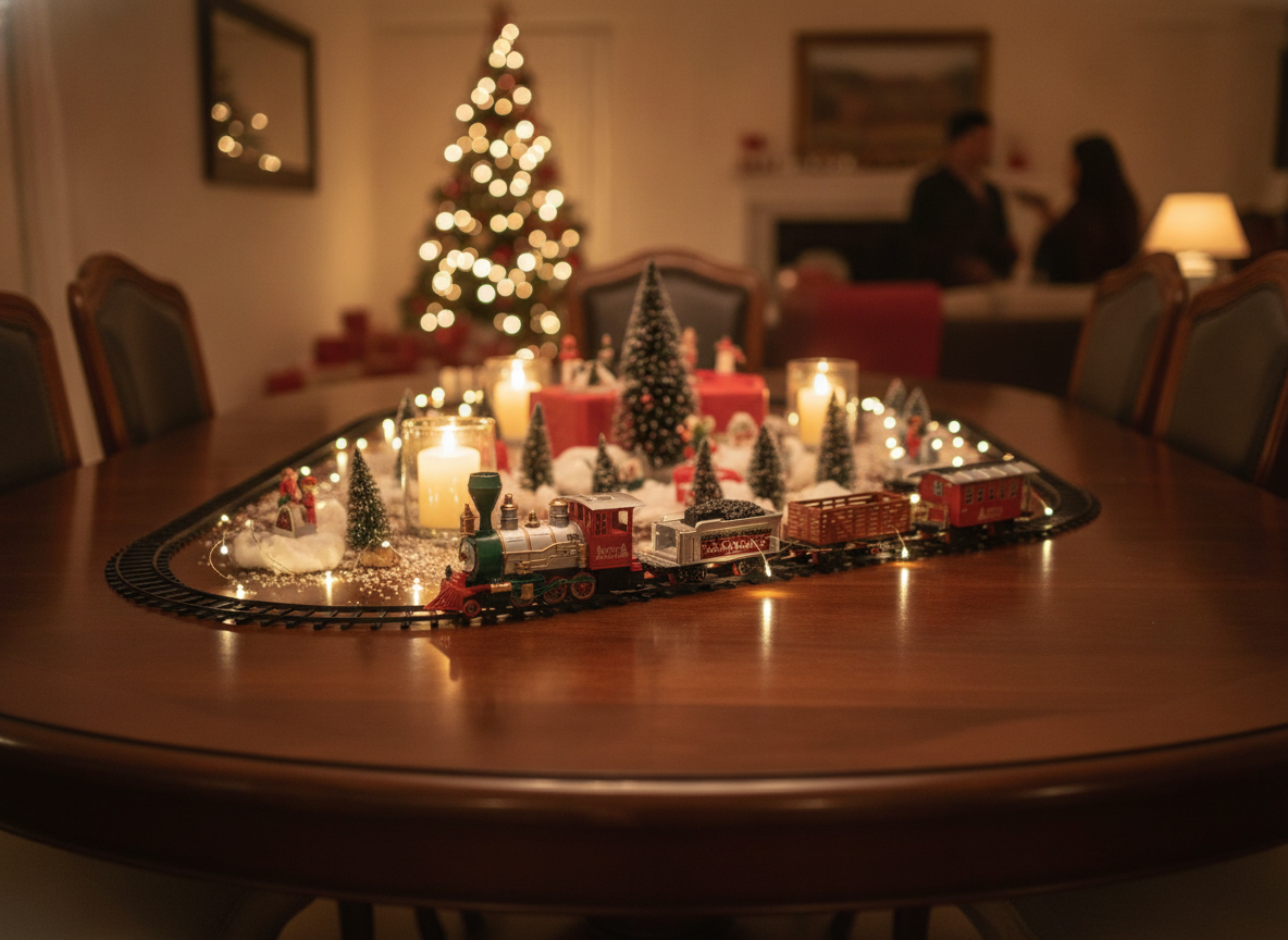Set tren navidad decoración mesa hogar reunión familiar navideña chilena
