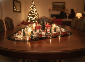 Set tren navidad decoración mesa hogar reunión familiar navideña chilena