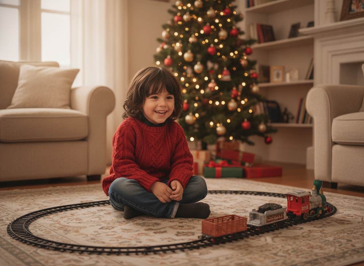Niño chileno mirando tren navideño eléctrico rieles sala de estar navidad
