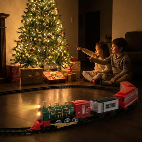 Tren clásico navideño con luz LED rodeando árbol de Navidad living chileno