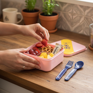 Porta sandwich Kido rosado con frutas en cocina chilena