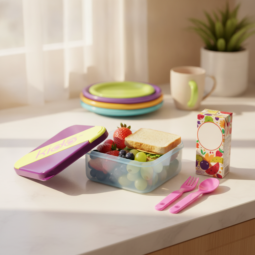 Lunch box Kido abierto con frutas y sandwich en cocina chilena familiar